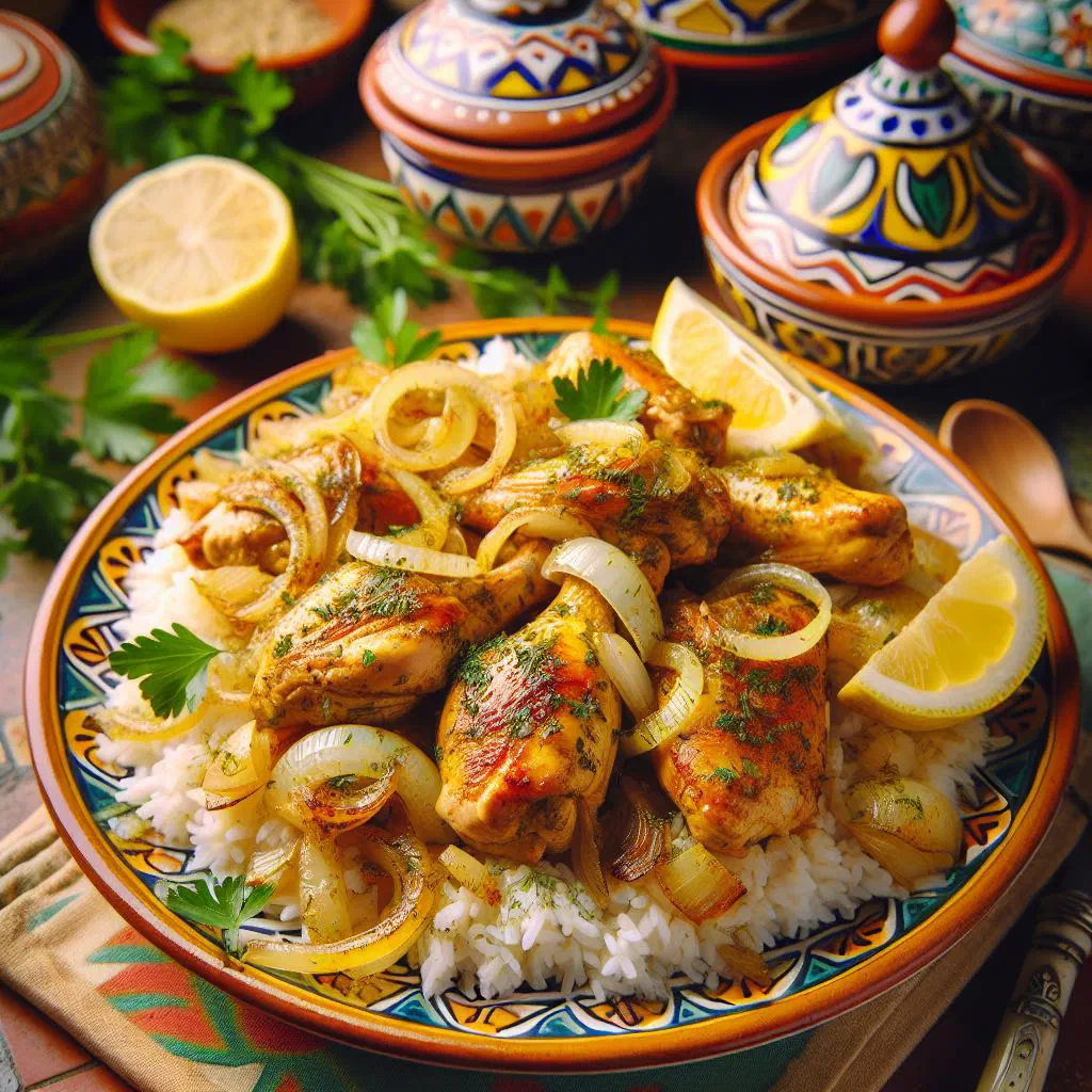 Poulet yassa with braised onions served over rice