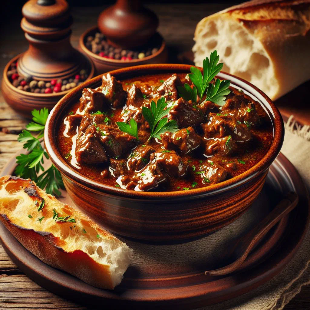 Mauritanian ragout de chameau with tender camel, chickpeas and carrots in a rich broth