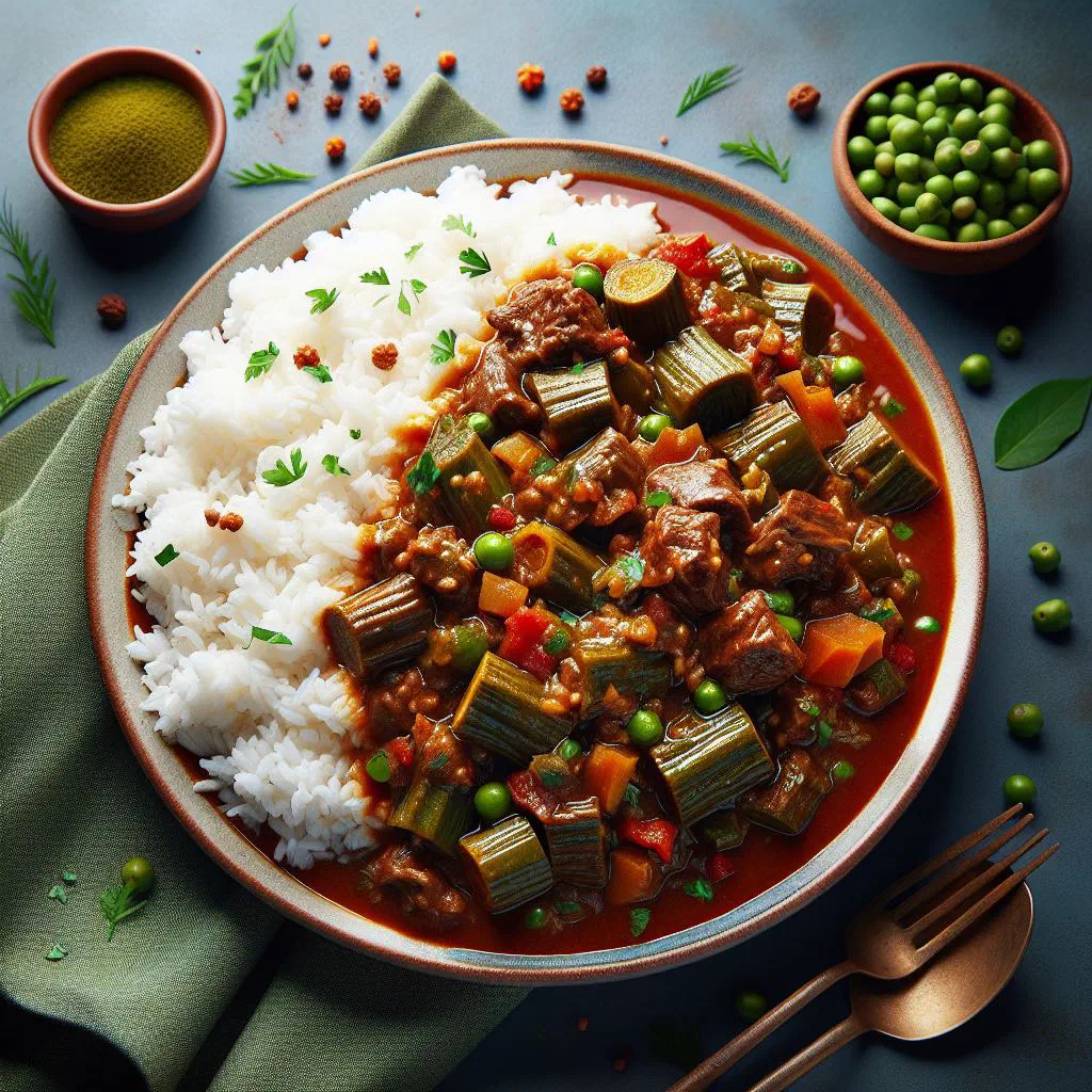 Steaming rice served with a rich okra and tomato sauce