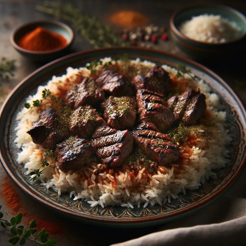 Bowl of spiced Mauritanian rice with tender pieces of meat and fresh herbs