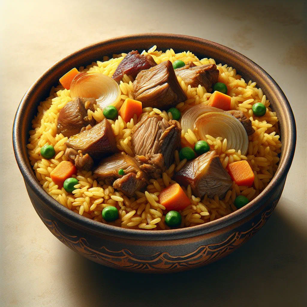 A steaming platter of Mauritanian riz au gras with rice, meat and vegetables