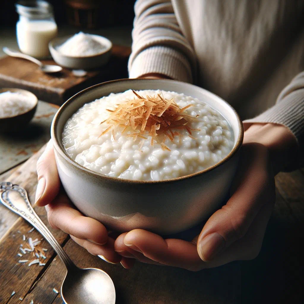 Creamy coconut milk rice pudding served in a bowl with cinnamon
