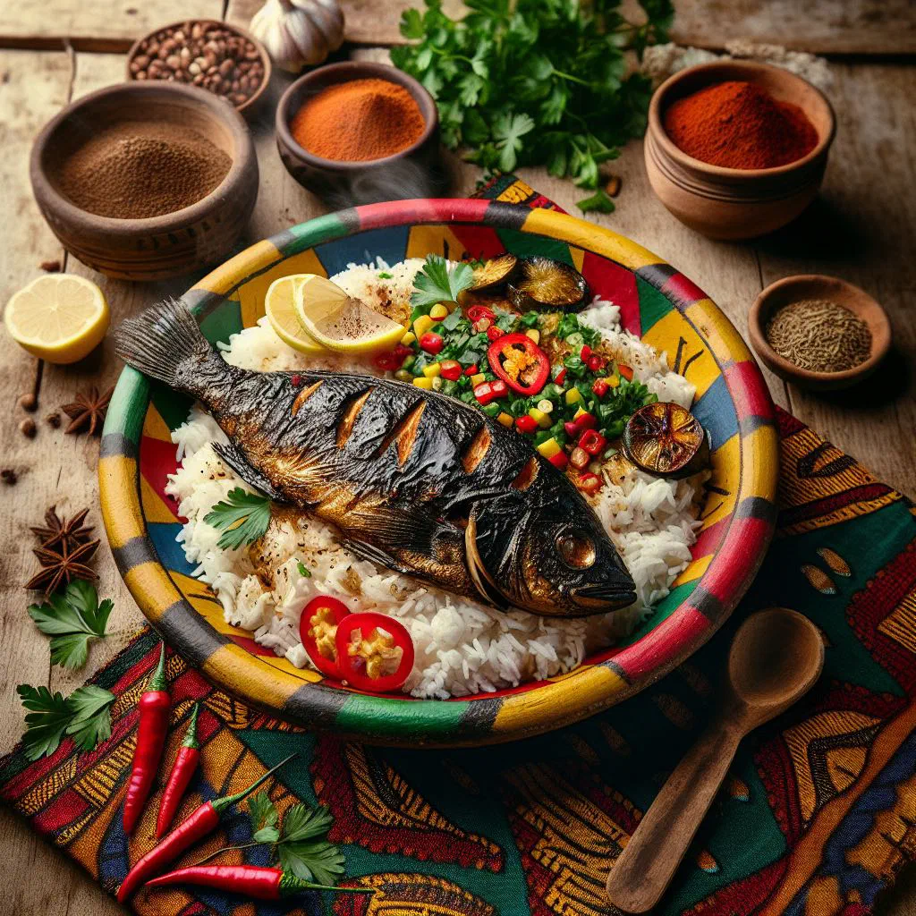 Spiced fish laid over golden rice, garnished with fresh coriander