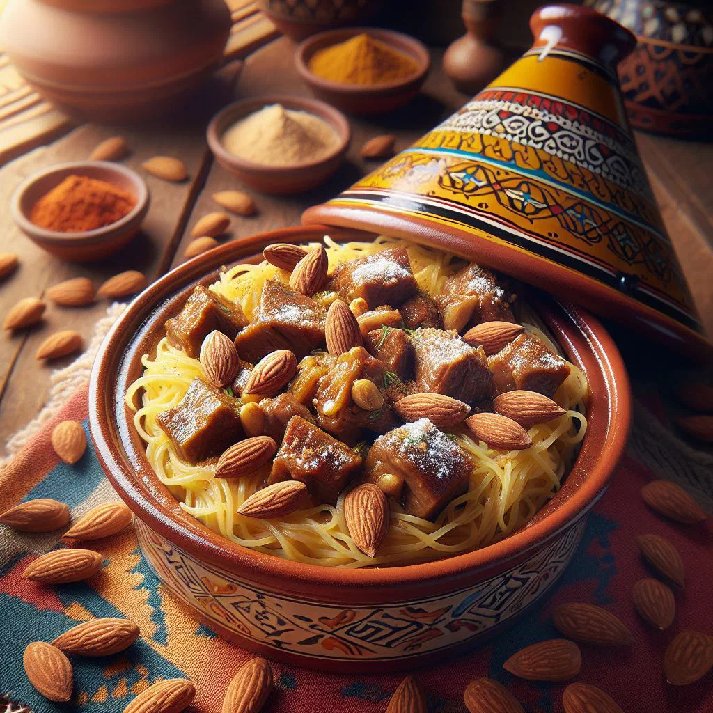 Steamed seffa vermicelli mounded on a plate with almonds, raisins and cinnamon