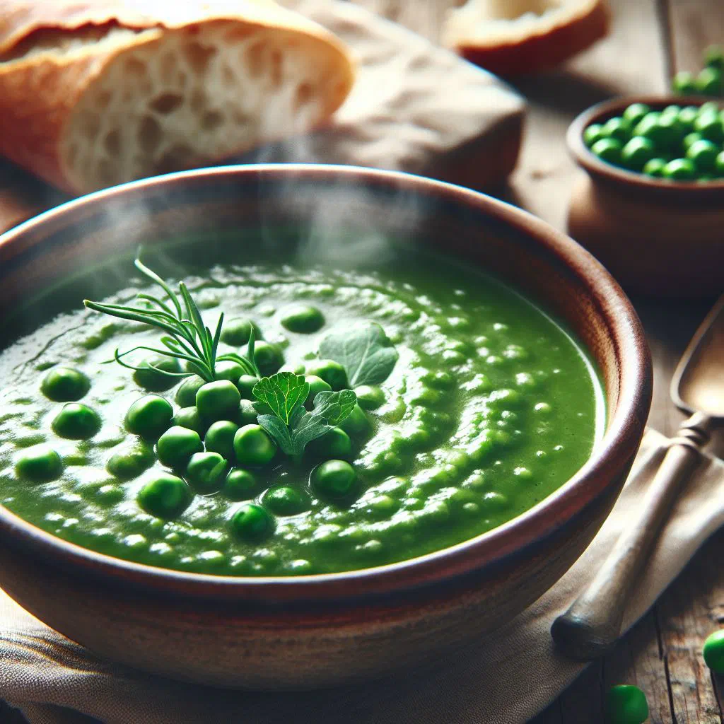 A warm bowl of Mauritanian green pea soup garnished with fresh herbs