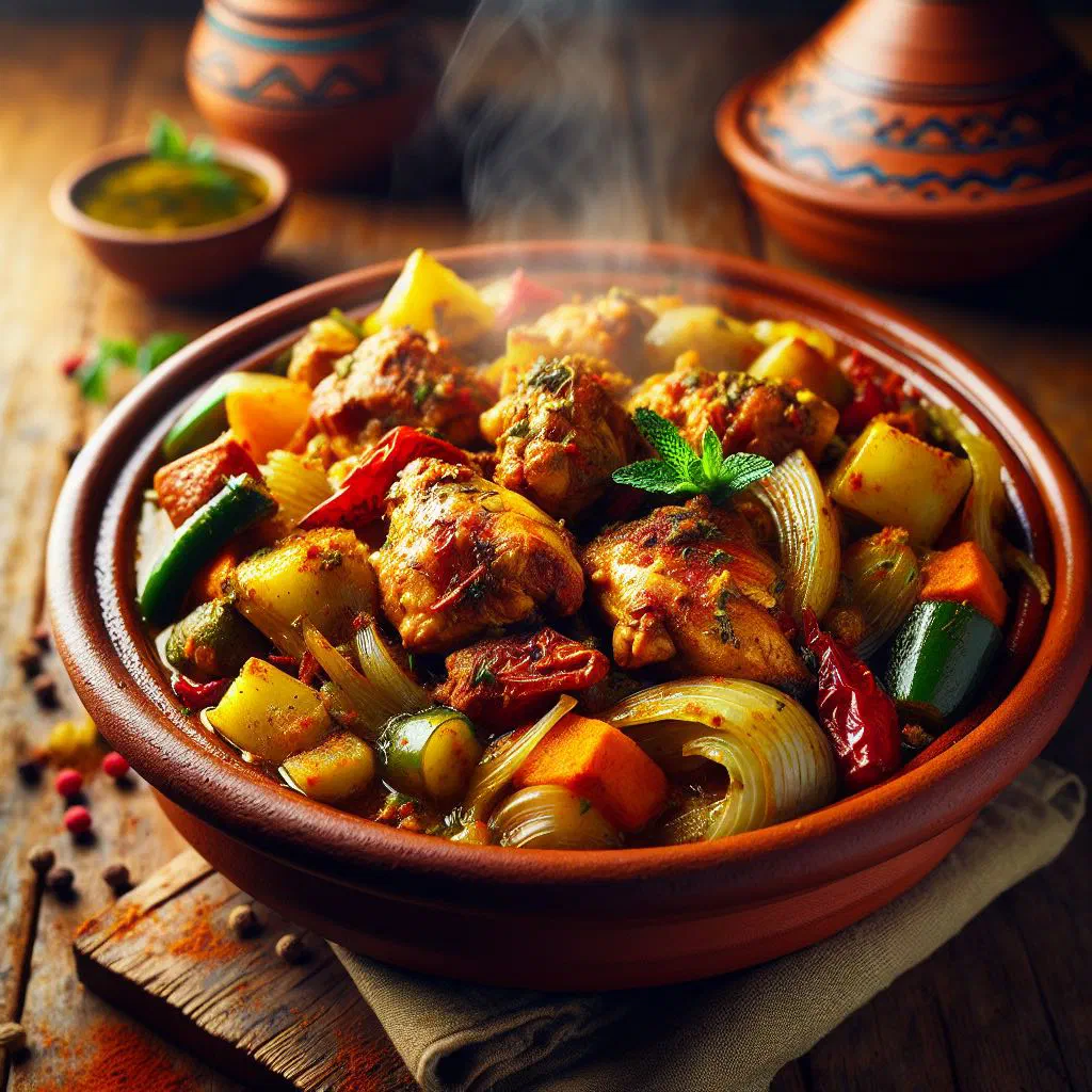 Spiced Mauritanian meat stew garnished with fresh herbs