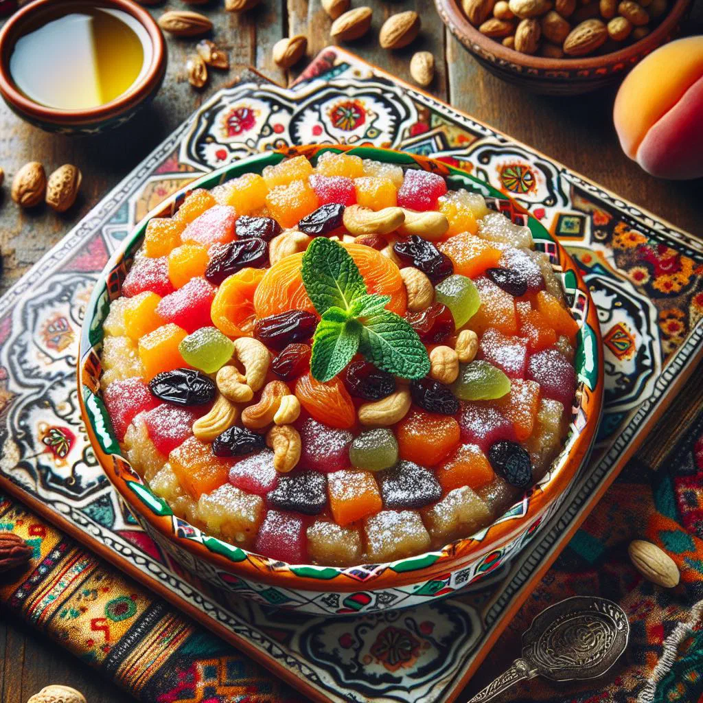 Bowl of sweet couscous with dried apricots, dates, almonds and cinnamon