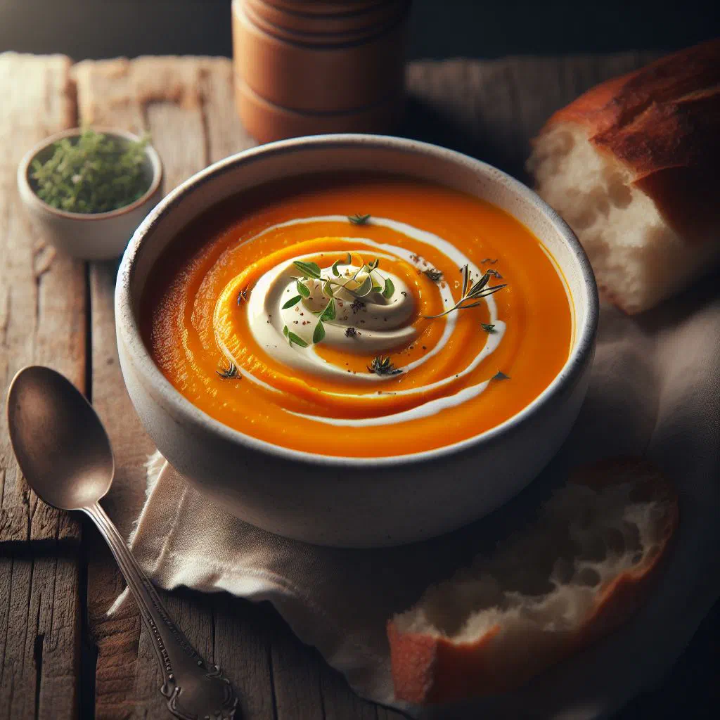 Creamy Mauritanian sweet potato soup garnished with fresh coriander