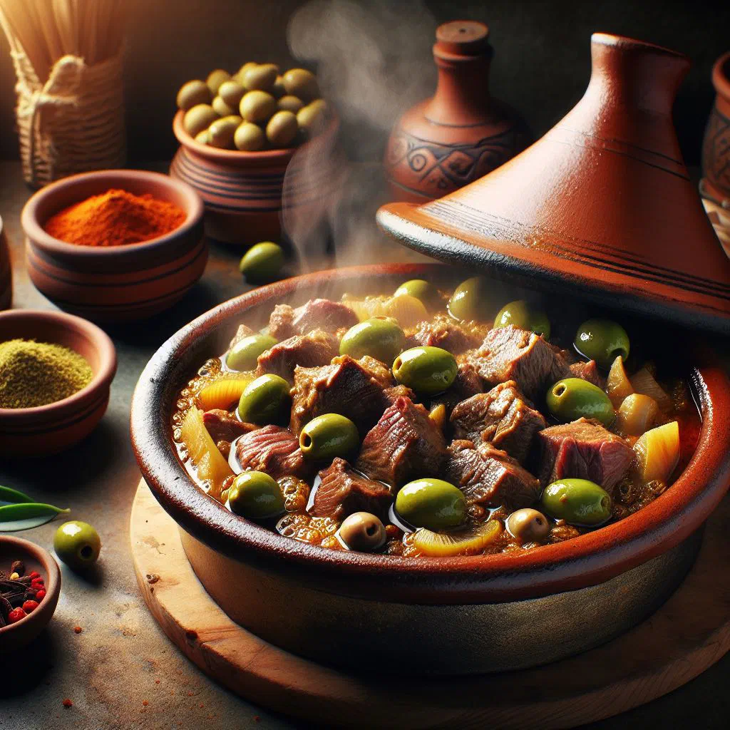 Tagine zitoun with tender lamb and green olives garnished with parsley