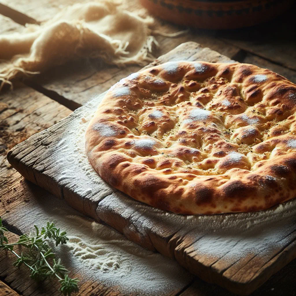 Taguella made with fine semolina, served with vegetables and herbs