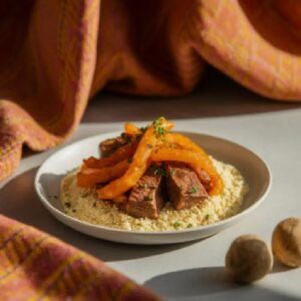 Spiced Mauritanian rice and meat dish garnished with fresh herbs