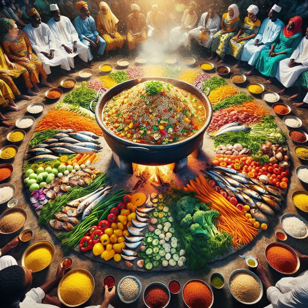 Thieb with tender fish, spiced rice and colourful vegetables on a platter