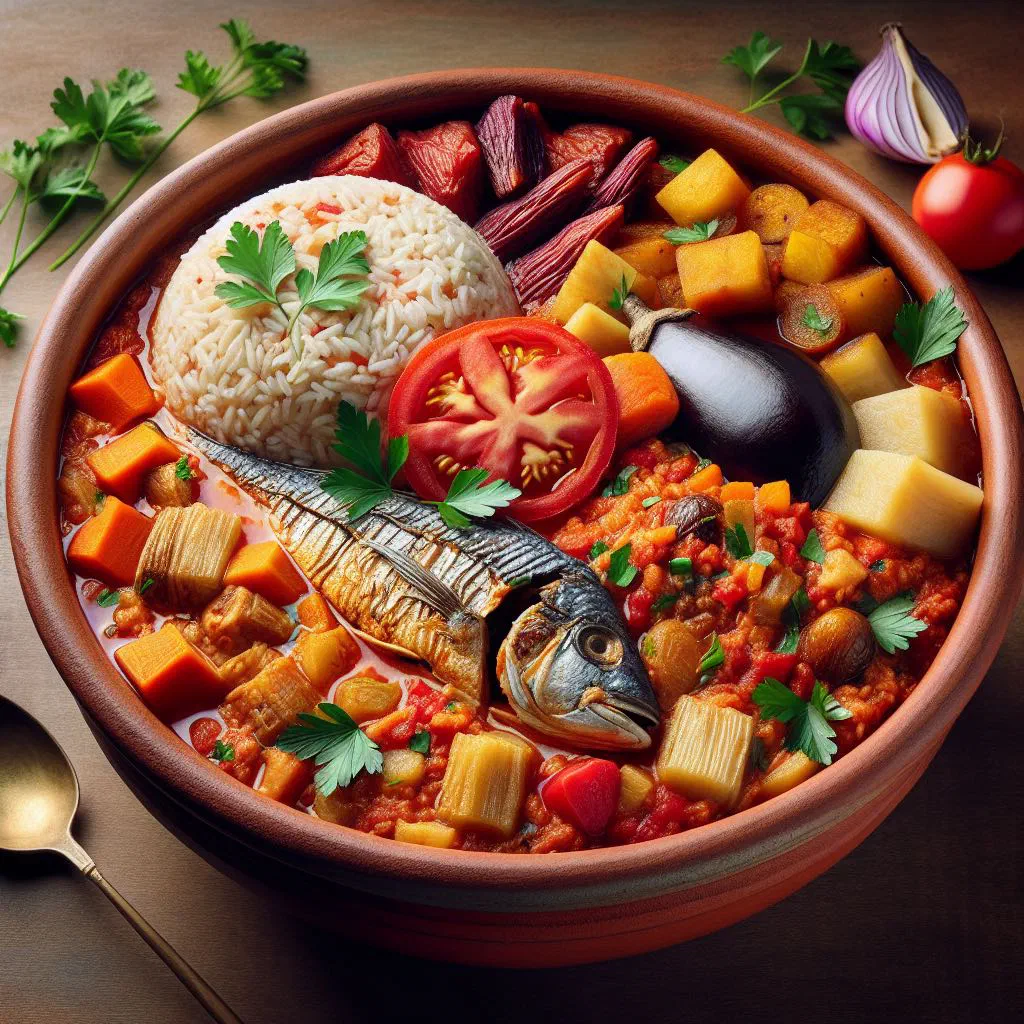 Thieboudienne with fish, rice and colourful vegetables in a serving bowl