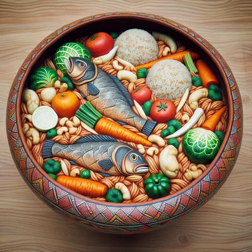 Tiebou Guinar with spiced chicken, rice and vegetables in a tomato sauce