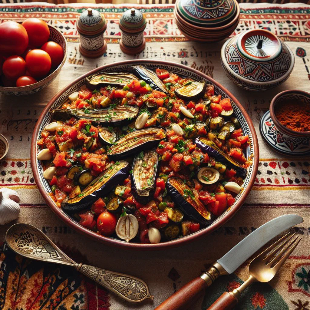 Bowl of zaalouk aubergine and tomato dish garnished with fresh coriander