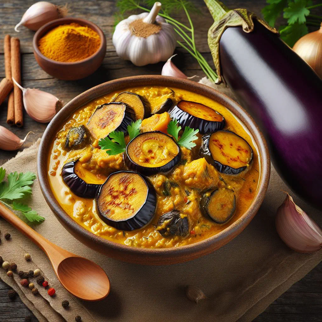Aubergine curry in creamy coconut sauce garnished with fresh coriander