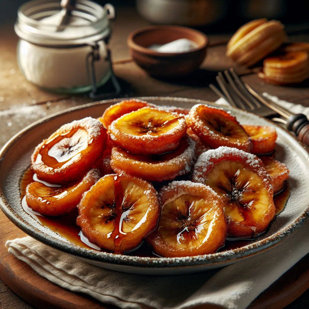 Golden fried banana fritters served warm on a plate