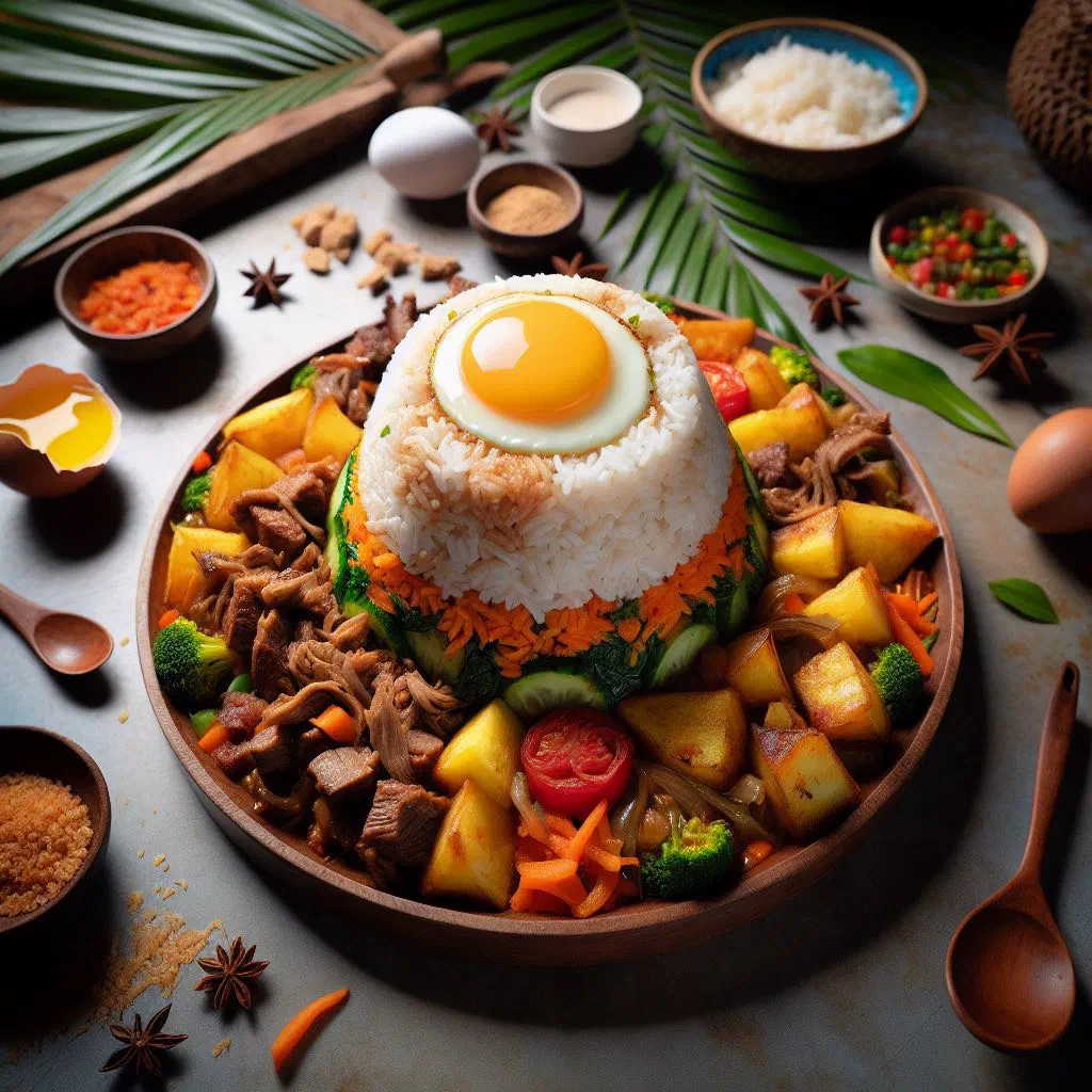Bol renversé turned out onto a plate with rice, chicken, vegetables and egg