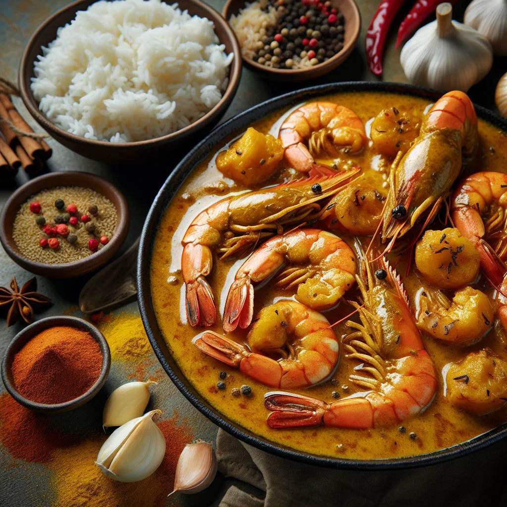 Cari crevettes — Mauritian prawn curry in a rich coconut sauce, garnished with fresh coriander