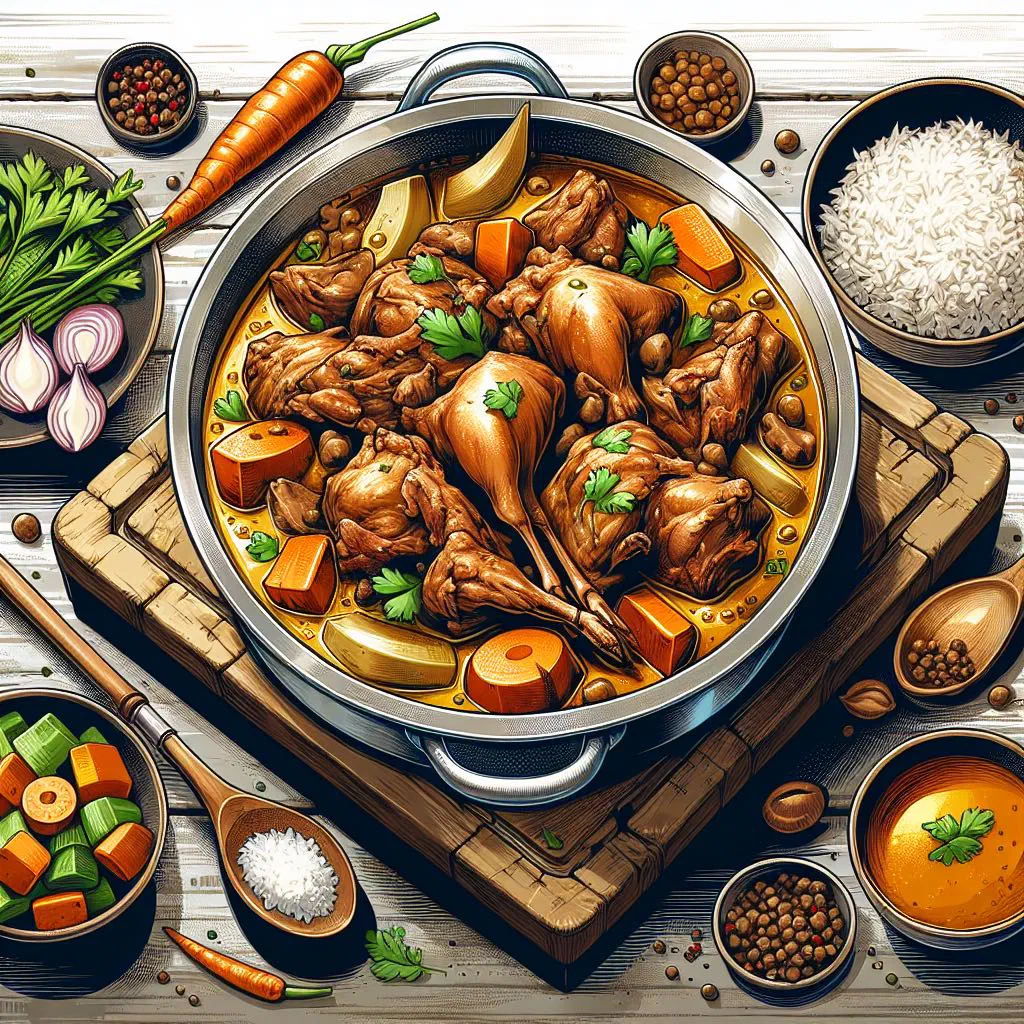 Mauritian rabbit curry with vegetables garnished with fresh coriander