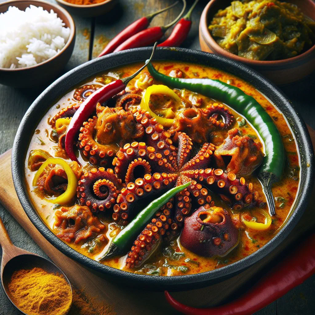 Mauritian octopus curry in a rich spiced tomato sauce, garnished with fresh coriander