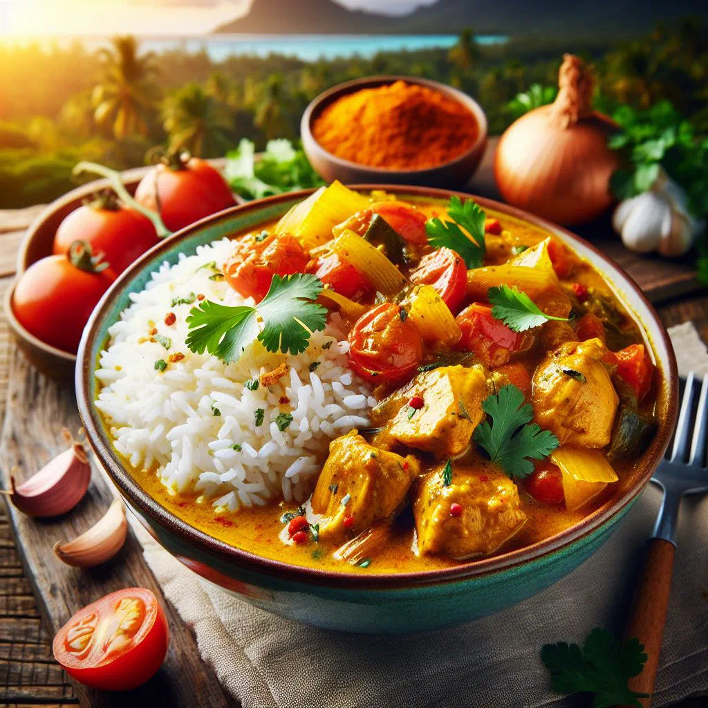 Mauritian cari poulet chicken curry with coconut milk sauce garnished with fresh coriander