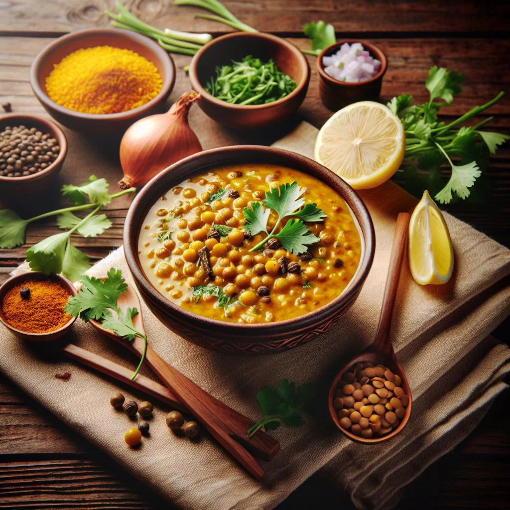 Bowl of Mauritian dhal curry made with yellow lentils, garnished with fresh coriander