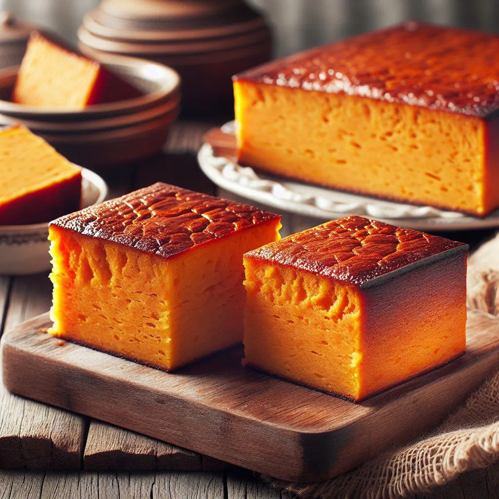 Slice of golden Mauritian sweet potato cake dusted with icing sugar