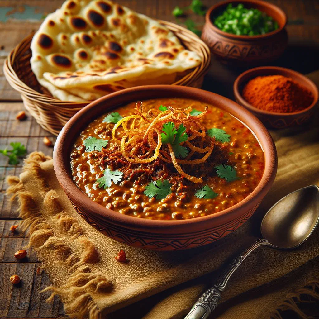 Bowl of creamy haleem stew garnished with fresh herbs and lemon