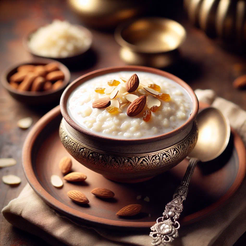 Creamy kheer rice pudding garnished with chopped nuts and saffron
