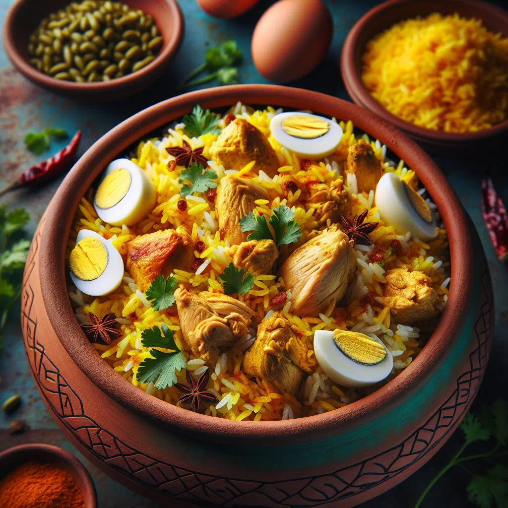 Fragrant Mauritian biryani with spiced chicken and basmati rice, garnished with fresh herbs