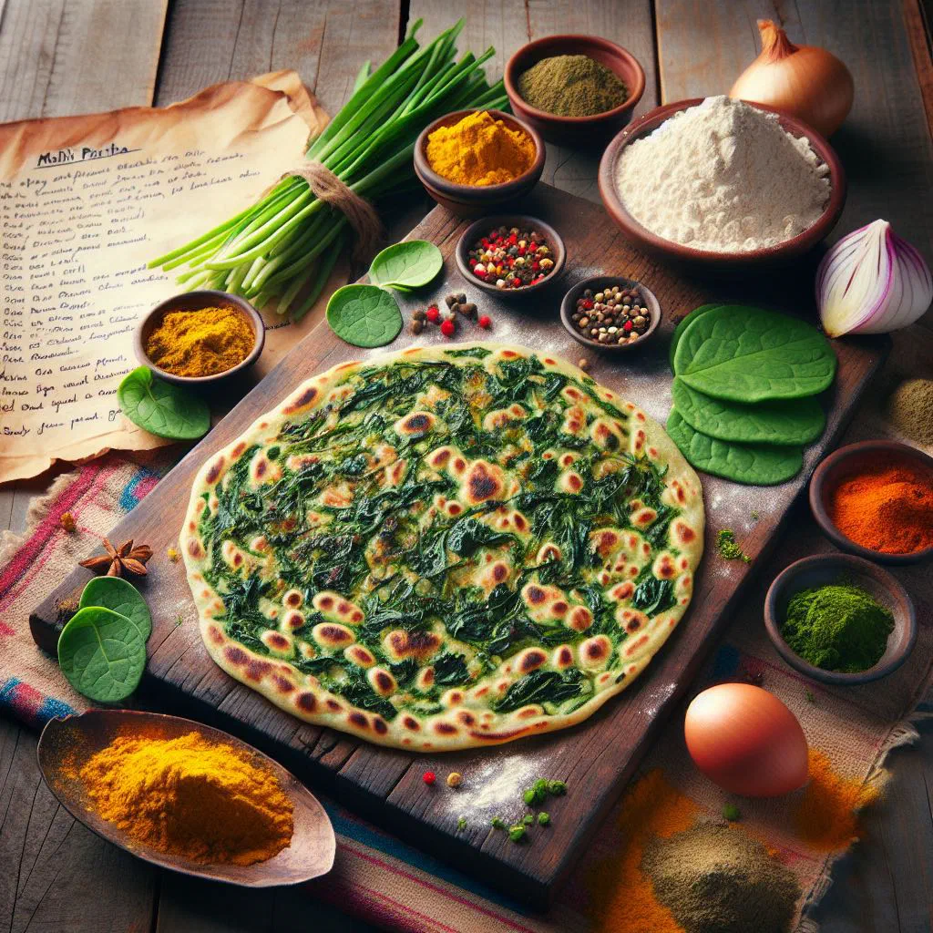Golden methi paratha flatbreads flecked with fresh fenugreek leaves