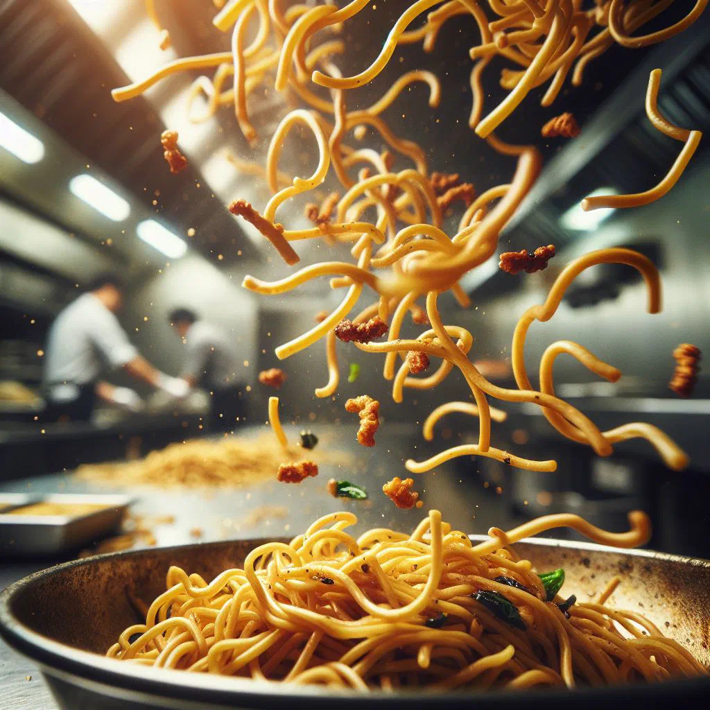 Plate of Mauritian fried noodles with colourful vegetables and fresh coriander