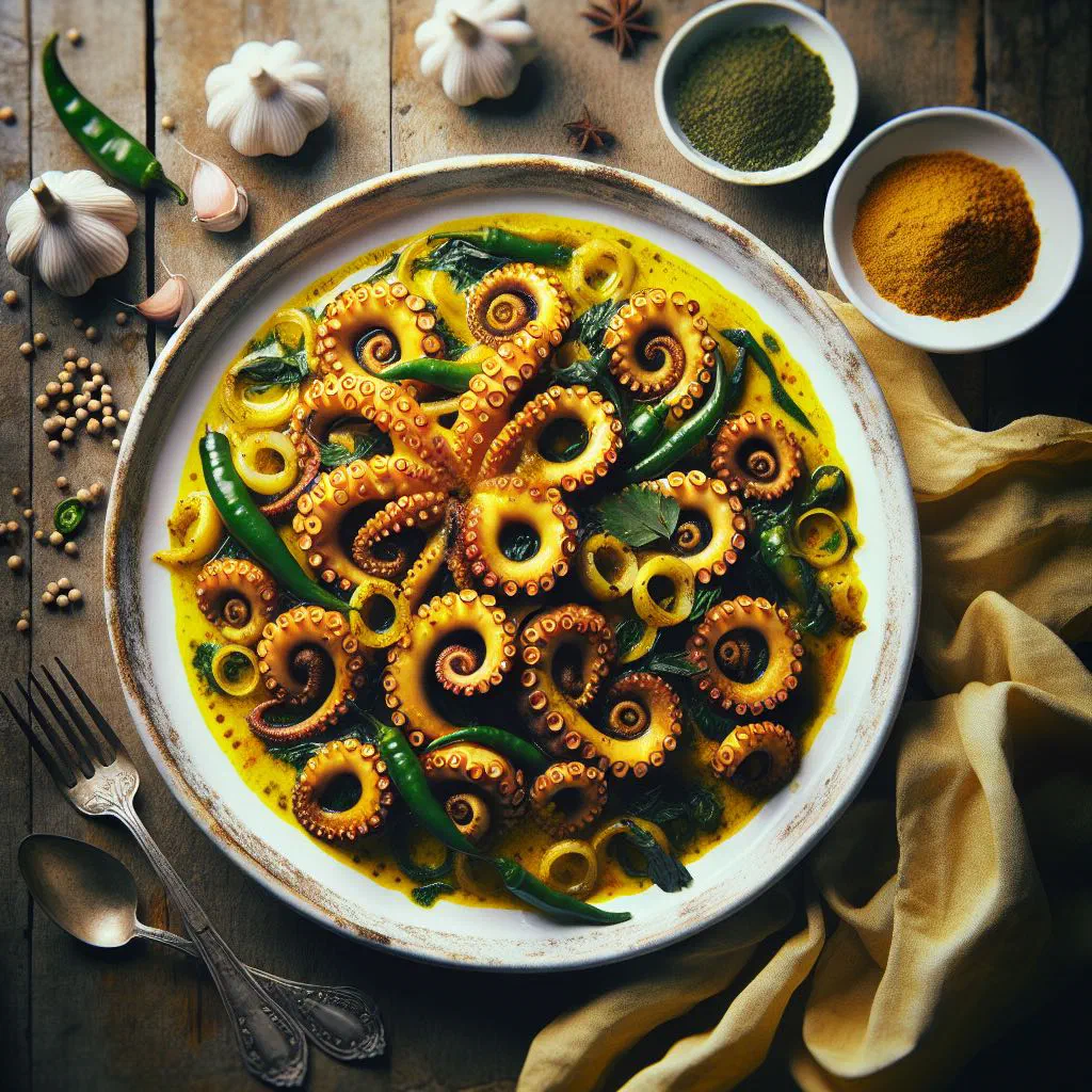 Octopus vindaye with turmeric-yellow marinade, mustard seeds and fresh coriander