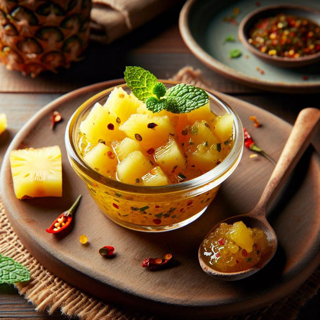 Bowl of golden pineapple chutney with fresh chilli and herbs