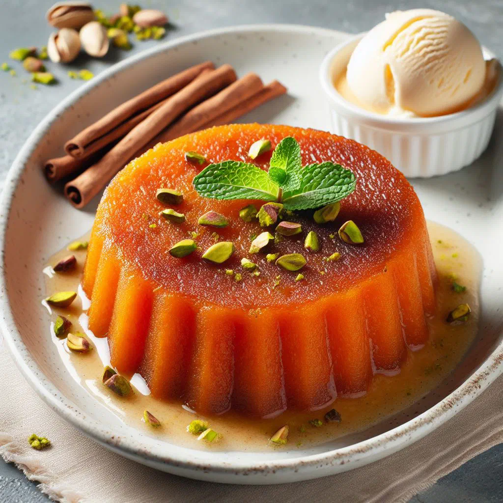 Slice of golden baked Mauritian sweet potato pudding on a plate