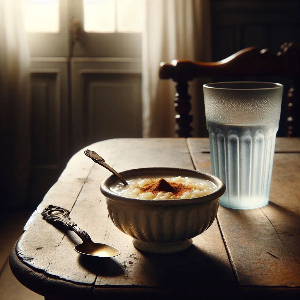 Creamy riz au lait rice pudding dusted with cinnamon in a small bowl