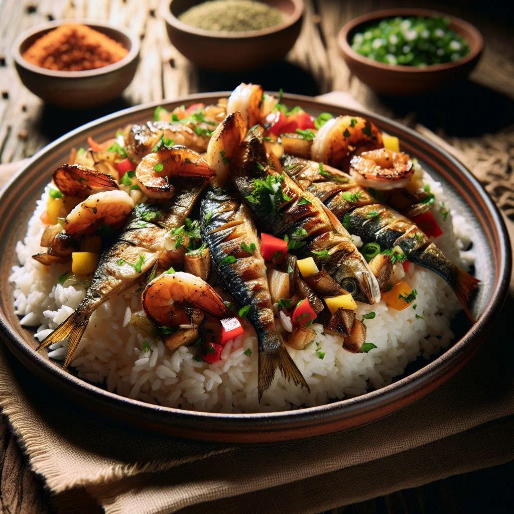 Riz aux poissons with tender fish, fragrant rice and fresh herbs