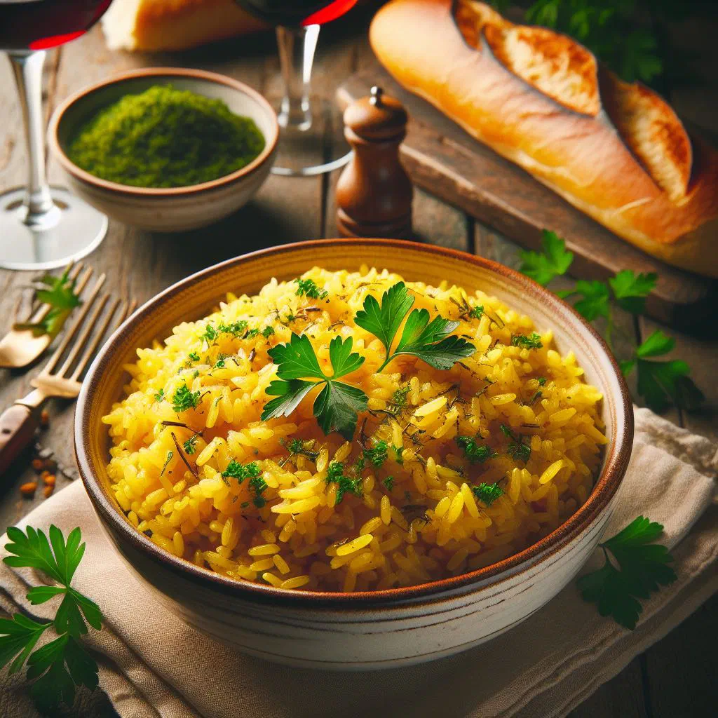 Golden turmeric-tinted riz jaune with carrots and peas in a bowl