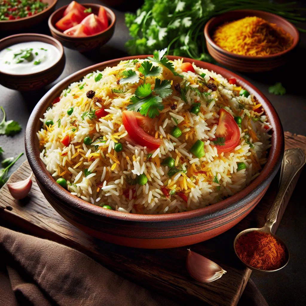Riz pulao — fragrant spiced rice with vegetables garnished with fresh coriander