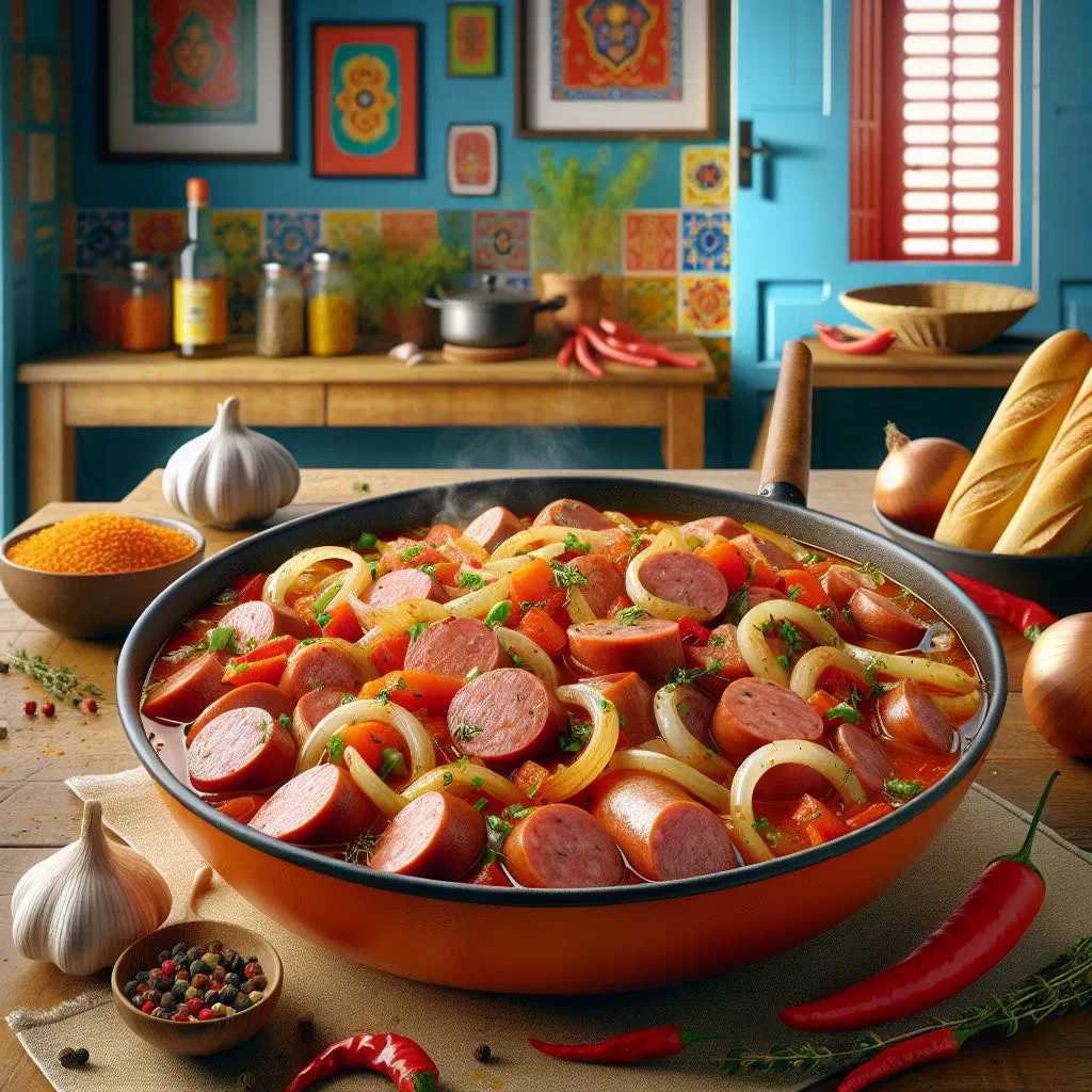 Rougaille saucisse with sliced sausages simmered in a rich tomato sauce