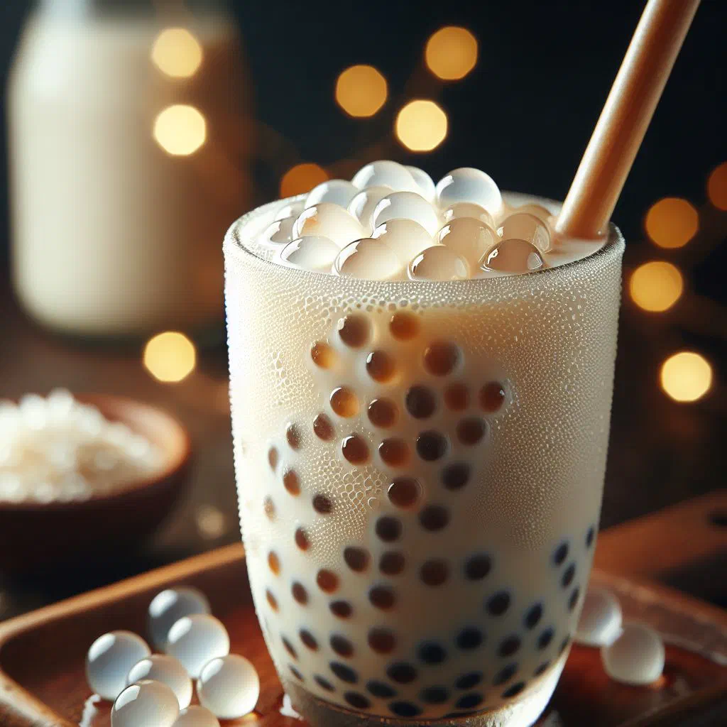 Sago au lait dessert with translucent sago pearls in creamy coconut milk