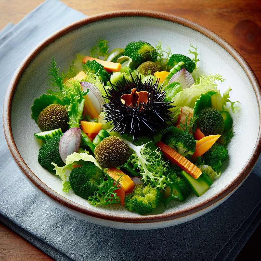Fresh sea urchin salad with lime zest, red onion and chopped herbs