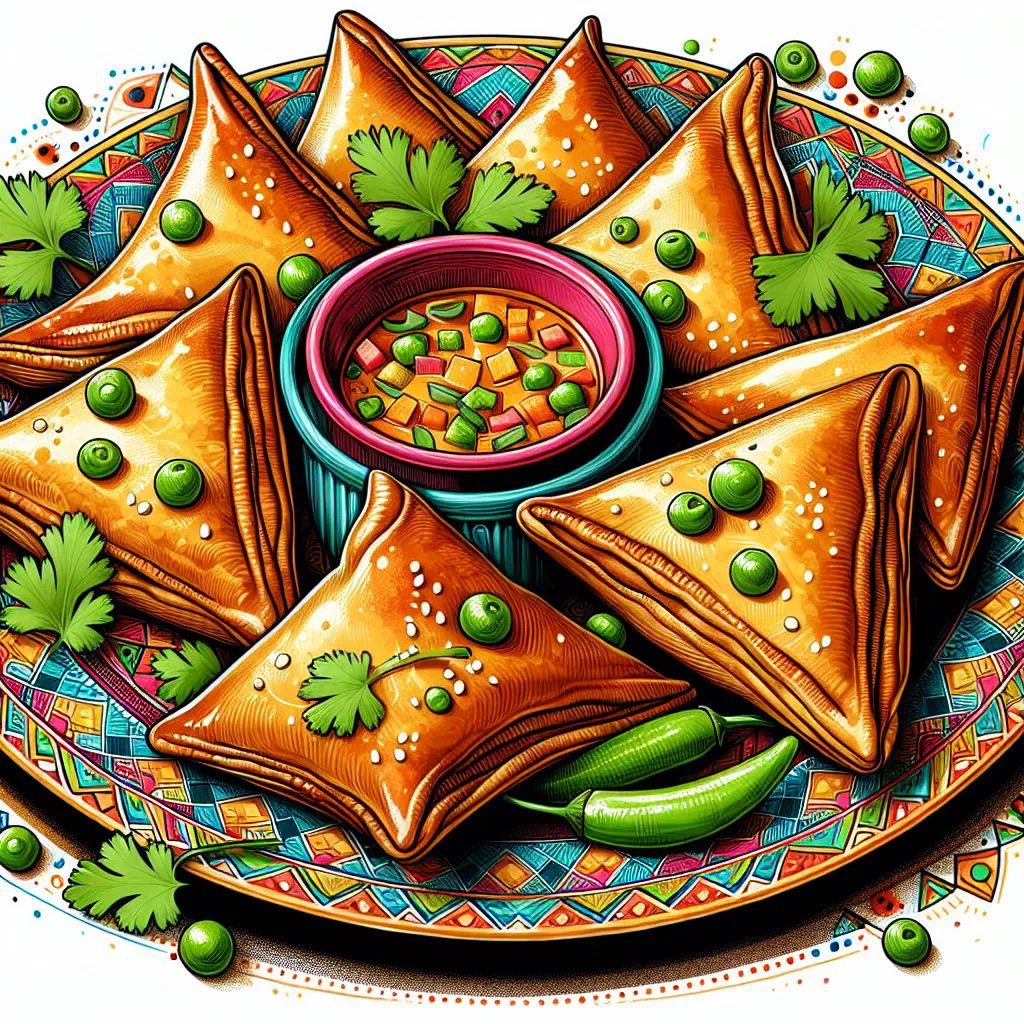 Golden fried samoussas stacked on a plate with fresh herbs