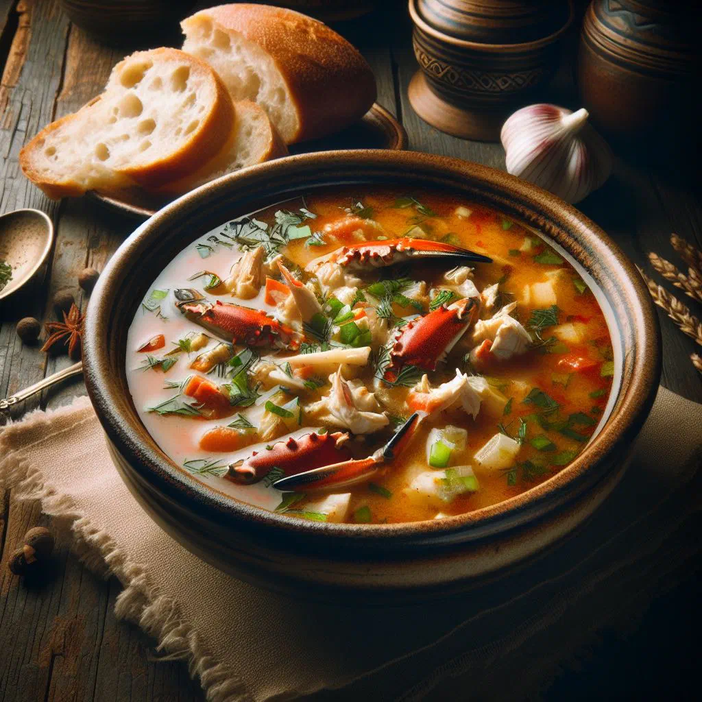 Bowl of Mauritian crab soup with coconut milk, fresh coriander and lime