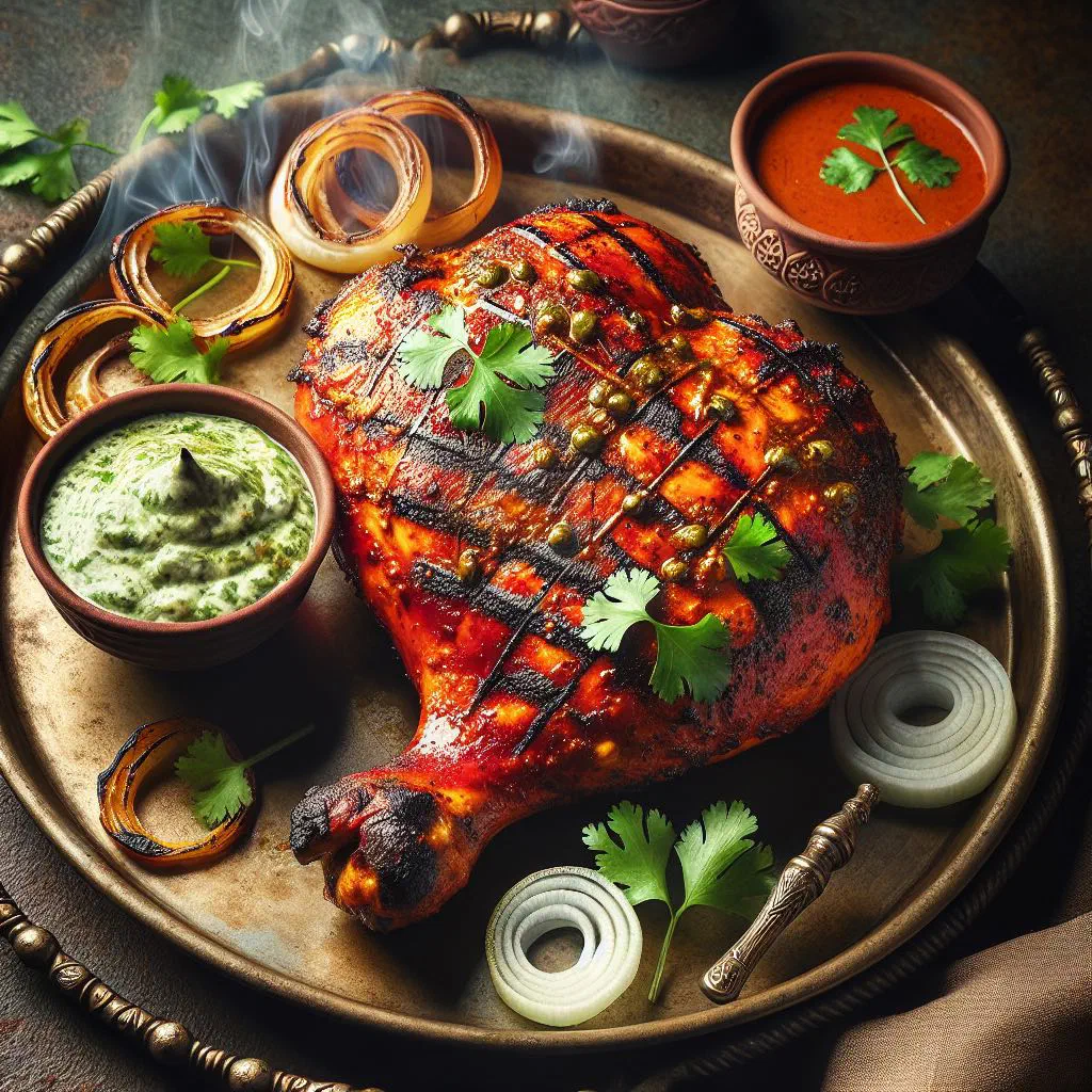 Grilled tandoori chicken pieces with a deep red spiced crust, served with naan and vegetables