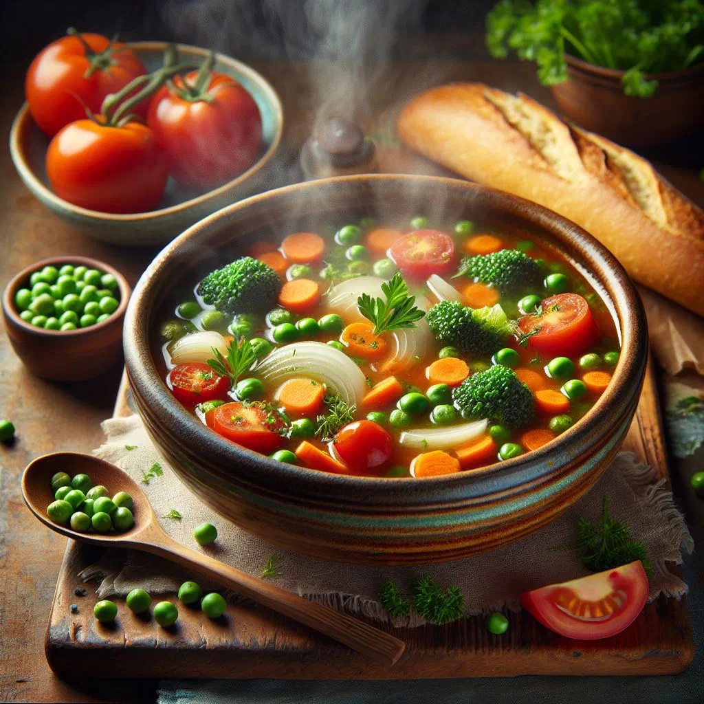 Bowl of Mauritian vegetable soup with diced carrots, potatoes and courgette in a fragrant broth