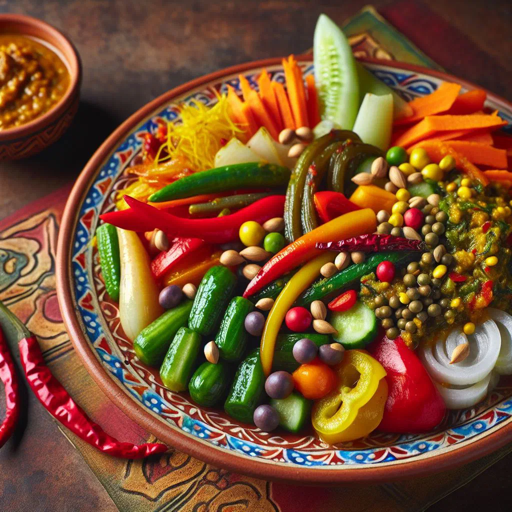 Vegetable vindaye with turmeric-coated vegetables, mustard seeds and fresh coriander