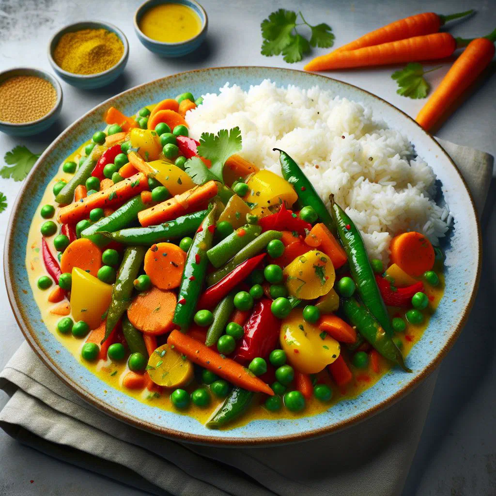 Vindaye de Légumes with turmeric-coated vegetables in a serving bowl