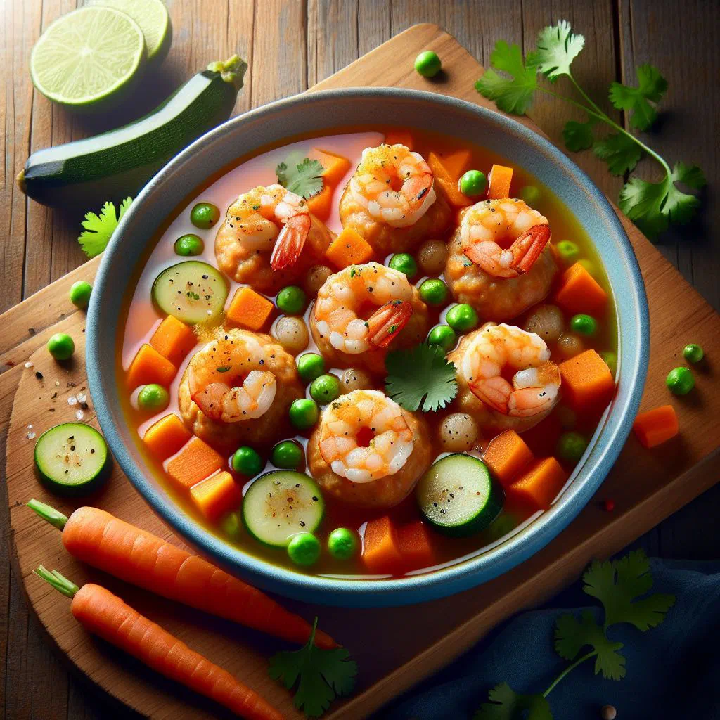 Golden shrimp meatballs garnished with fresh coriander and a wedge of lime